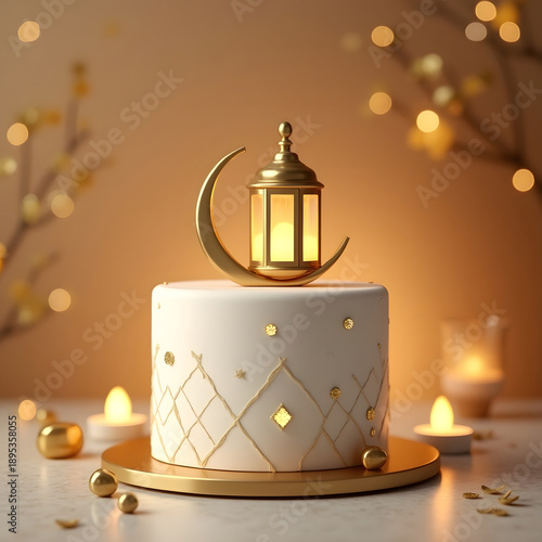 Elegant two-tier eid cake decorated with golden crescent moon and glowing lanterns, symbolizing celebration