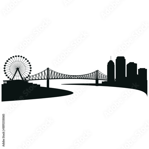 Black silhouette of a cityscape featuring a bridge and ferris wheel