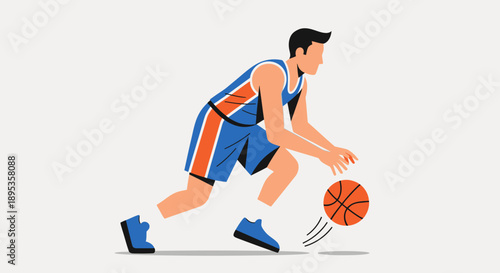 Man dribbling basketball on the court, a dynamic sports action scene from a side viewpoint