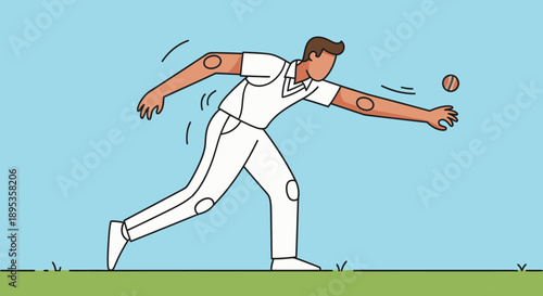 A cricket player is throwing a ball on a green field, viewed from the side in a dynamic illustration