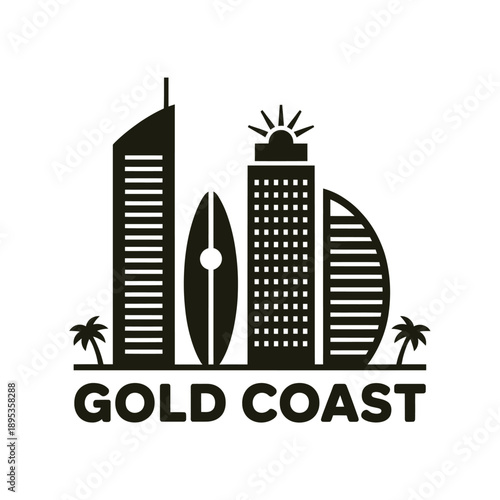 A graphic illustration of the gold coast skyline with palm trees
