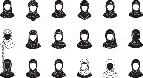 Set of Muslim Woman Avatar Icons in Various Hijab Styles