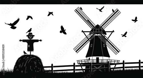 Silhouette of a Dutch windmill scarecrow hay bale and birds in a rural landscape Keywords: silhouette, windmill, Dutch windmill
