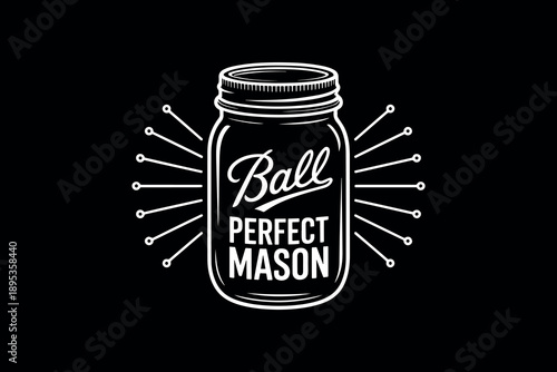 Illustrated mason jar with text ball perfect mason on dark background with radiating lines