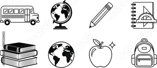 School and Education Icons Set With Bus Globe Pencil Books Apple Backpack school bus earth
