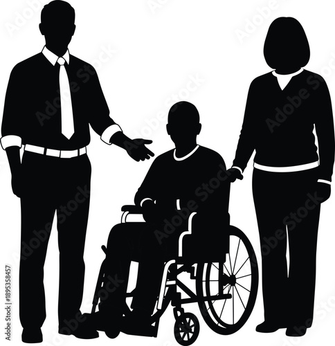 Silhouettes of a Man in a Wheelchair with a Supportive Couple disability accessibility