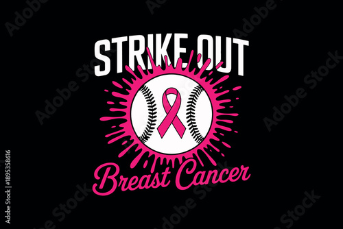 Strike out breast cancer campaign with vibrant pink ribbon on baseball design bold lettering and dramatic radial burst graphic