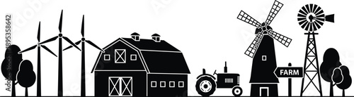 Farm Scene with Windmills Barn and Tractor Silhouette vector
