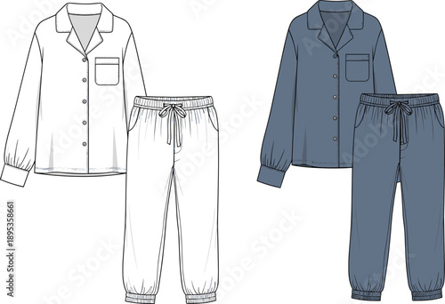 Technical fashion flat sketch of a women's pajama set including button-down shirt and elastic waist jogger pants in white blue.