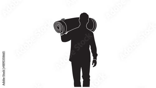 A man carrying a yoga mat on his shoulder, walking forward, viewed from behind in a minimalist illustration style