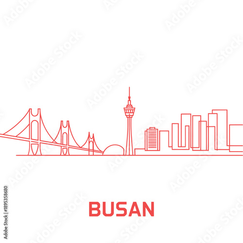 Minimalist red line drawing of busan s skyline with city name below