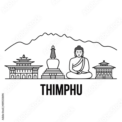 Line art illustration of thimphu bhutan featuring buddha and buildings