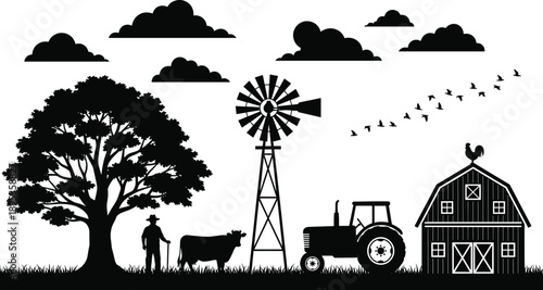 Farm Silhouette with Tree Cow Tractor and Barn vector