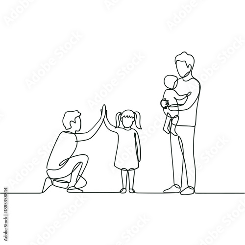 A family of four celebrates with a high five in a simple line drawing