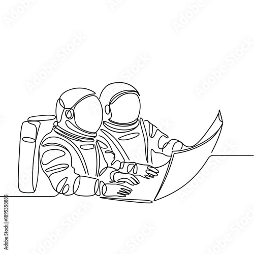 Continuous line drawing of two astronauts using a futuristic device