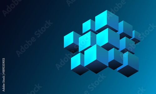 AI Hexagon Blockchain Concept.  3d Cube Buliding. Block Futuristic City Vector. Technology Box Structure Blue Background.