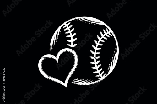 Baseball heart symbol in bold white chalk on blackboard texture isolated minimalist sketch art conveying love for sports with hand drawn details