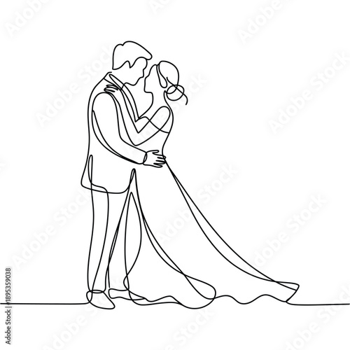 Elegant couple embracing in a continuous line drawing a romantic scene