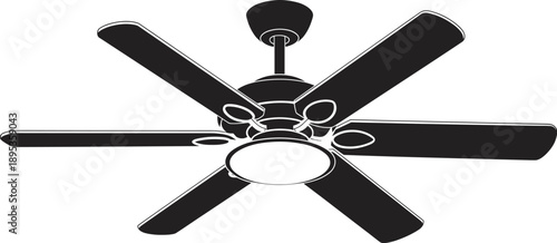 Black Silhouette of a Six- Blade Ceiling Fan with Light Fixture blades six blades