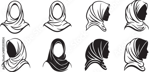Muslim woman in hijab avatar silhouette icon set
