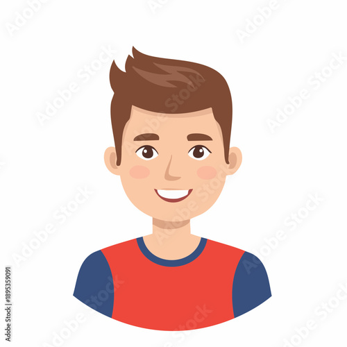 Boy illustration with brown hair, smiling expression, wearing red and blue shirt, upper body view