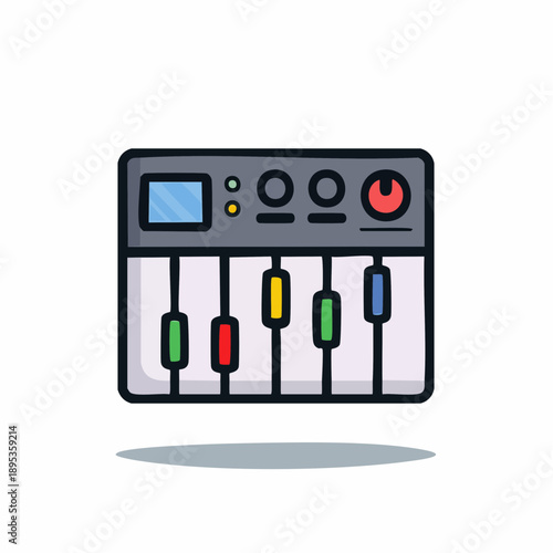 Stylized Music Mixing Console Illustration with colorful bars and controls