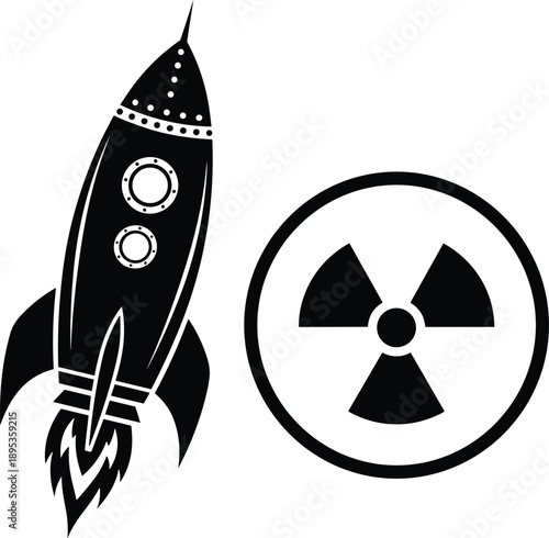 Black Silhouette Rocket Ship and Radiation Symbol Vector Graphics Keywords: rocket, spaceship, space, launch, travel
