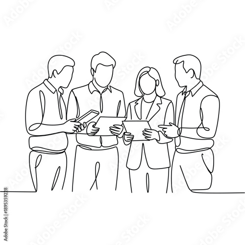 Continuous line drawing of a business team discussing documents