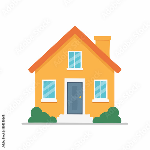 Illustration of a simple, single-family house with a gray door and orange roof in bright colors