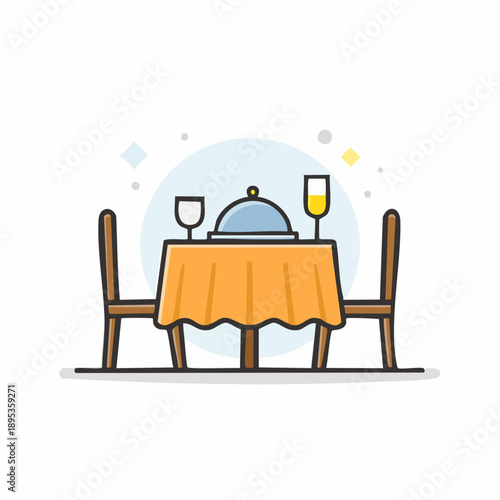 Elegant Dining Table Setup: Tableware, Cover, Glass, Chairs, and a Delightful Meal Illustration