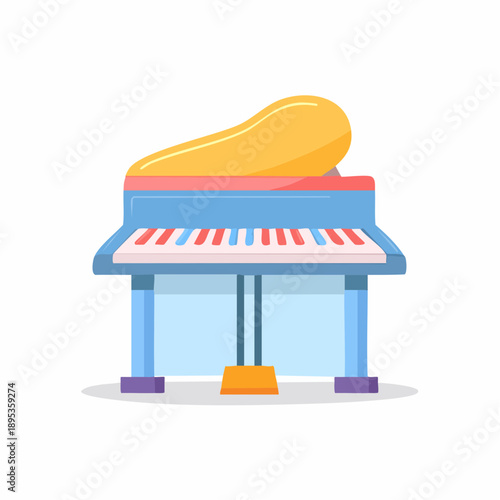 Stylized grand piano illustration with blue body and golden lid stands elegantly with red and blue keys creating music atmosphere