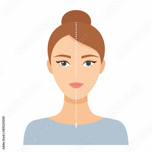 Woman's face split, demonstrating plastic surgery concept with dotted line guide, surgical corrections, beautification, and potential transformation