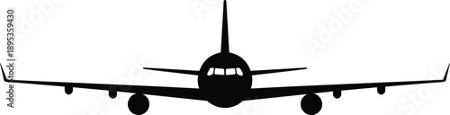 Black silhouette of a passenger airplane viewed from the front on a white background Keywords: airplane, aircraft, jet, passenger
