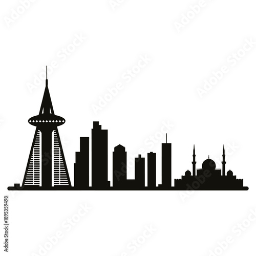 A black silhouette of a modern city skyline with iconic structures