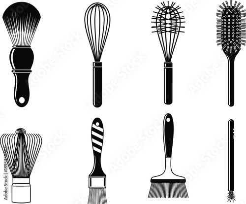 Black and White Silhouettes of Various Brushes and Whisks cleaning
