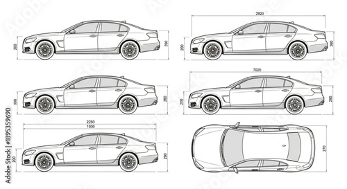 Car Blueprint Technical Drawing Dimensions and Views.