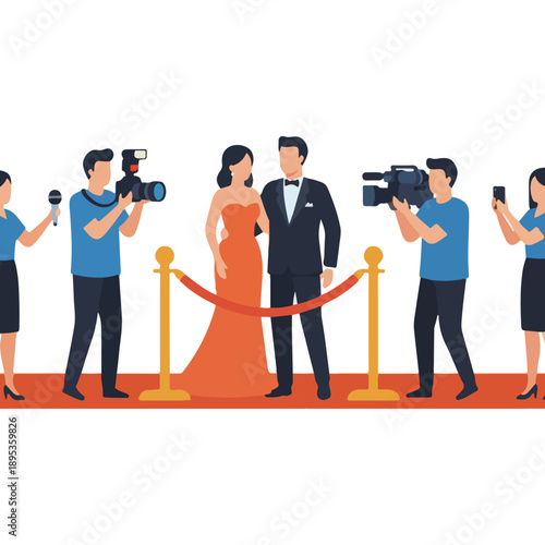 Celebrity couple on red carpet with paparazzi and reporters.