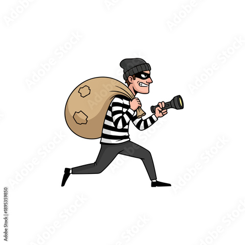 Cartoon Thief Running with Bag and Gun.