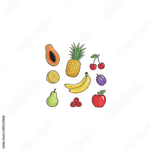 Colorful Cartoon Fruits and Berries Illustration.
