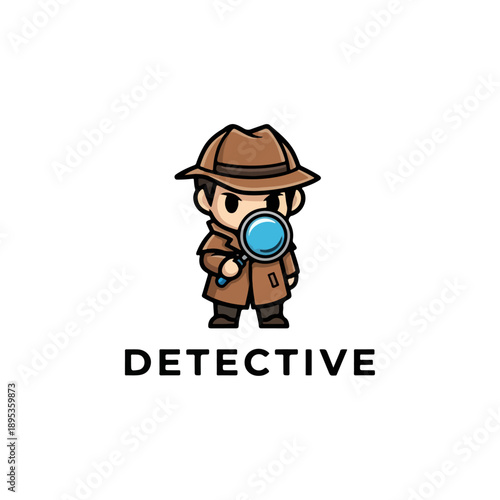 Cute Cartoon Detective Character with Magnifying Glass Logo Design.