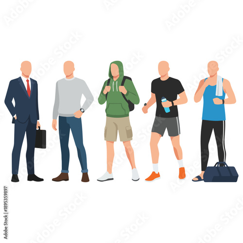 Diverse group of men showcasing various lifestyles and professions.