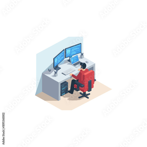 Isometric illustration of a person working at a computer desk with multiple monitors.