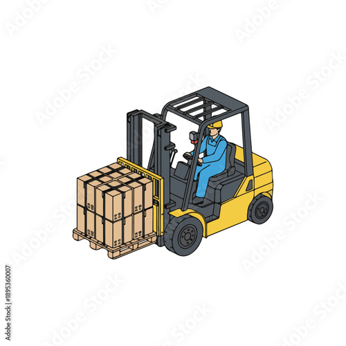 Warehouse Worker Operating Yellow Forklift Truck.