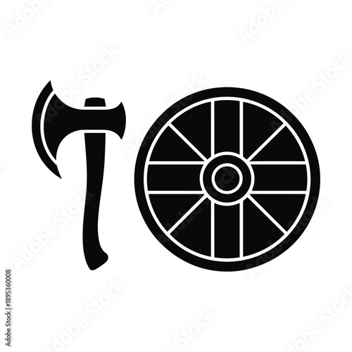 Viking Axe and Shield Icon Black and White Warrior Vector Illustration