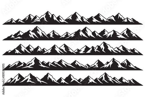 A black and white illustration of multiple mountain ranges in a stylized graphic design