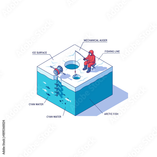Isometric Ice Fishing Diagram with Mechanical Auger and Fisherman.