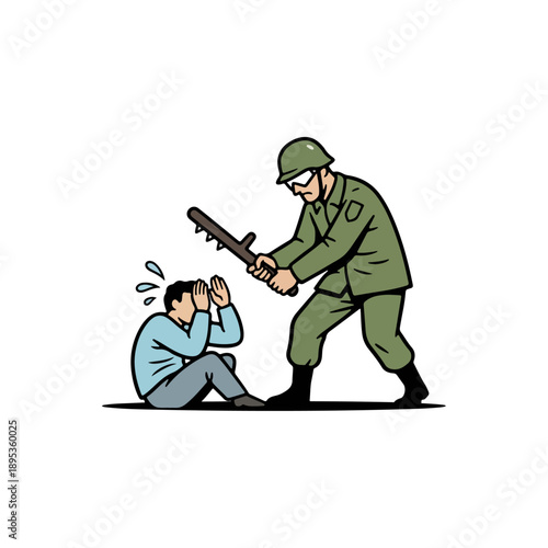 Soldier Threatening Civilian with Bat Illustration.