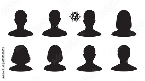 A group of diverse people silhouetted against a white background, with a virus symbol among them, representing the impact of disease on community