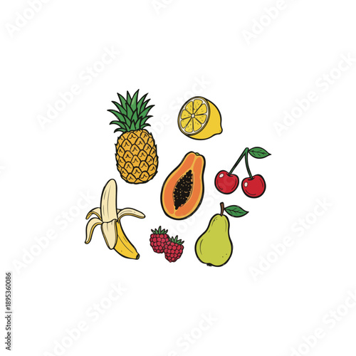 Assorted Fruits and Berries Illustration Set.