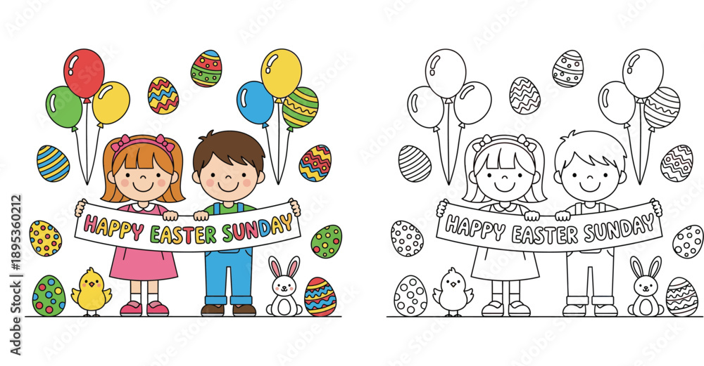 Obraz premium Cute children holding Happy Easter Sunday banner with eggs, bunny, and chick. Vector cartoon illustration with coloring page outline for kids activity book.